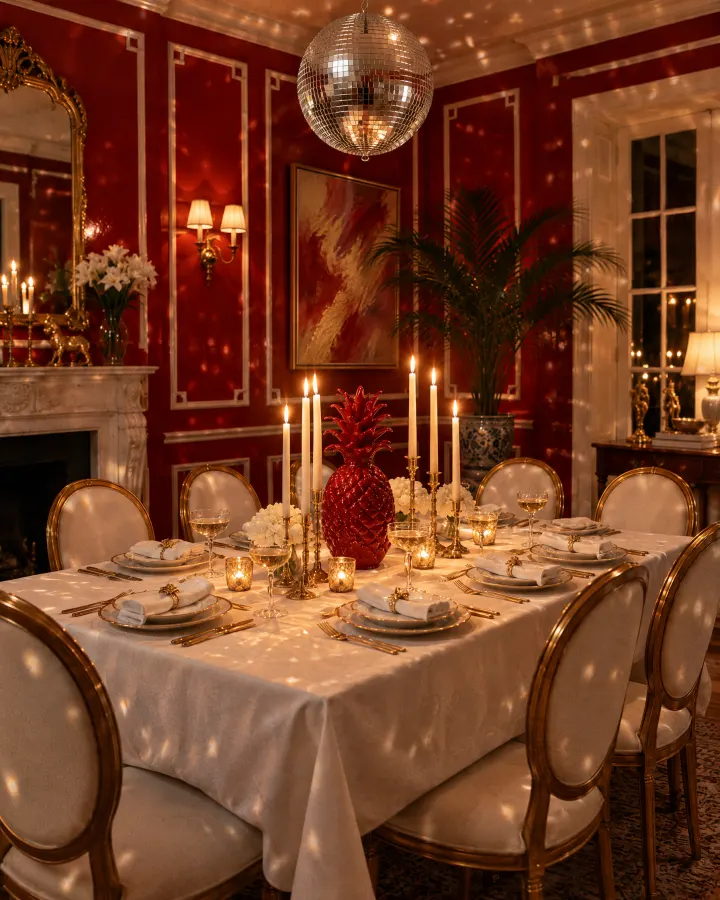 A dinner table set for eight under a mirror ball, with a red pineapple in the middle